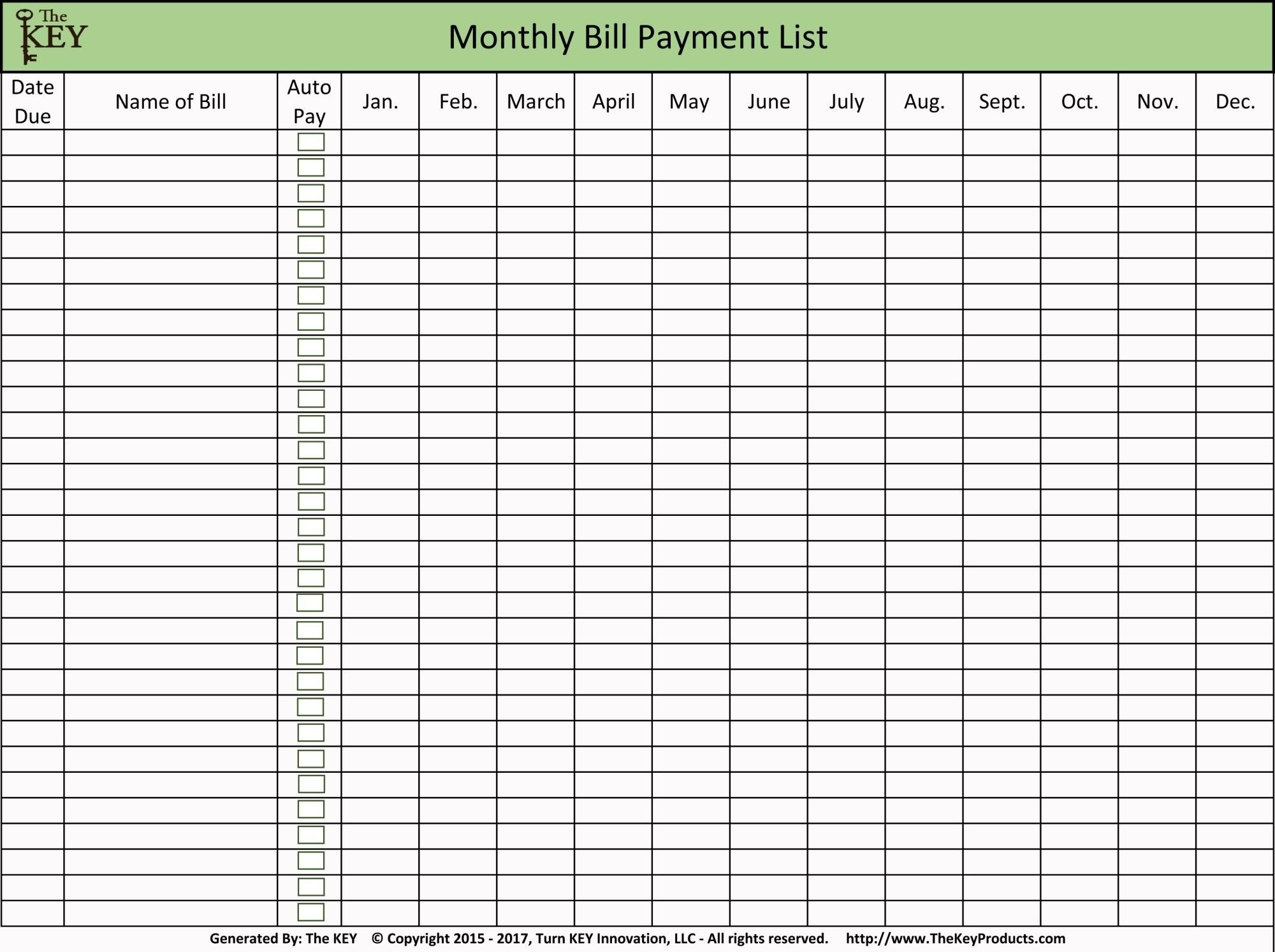 checklist list of bills to pay