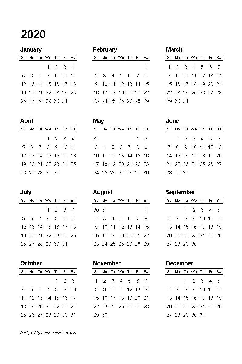 2020 Month At A Glance Calendar Template | Calendar ...