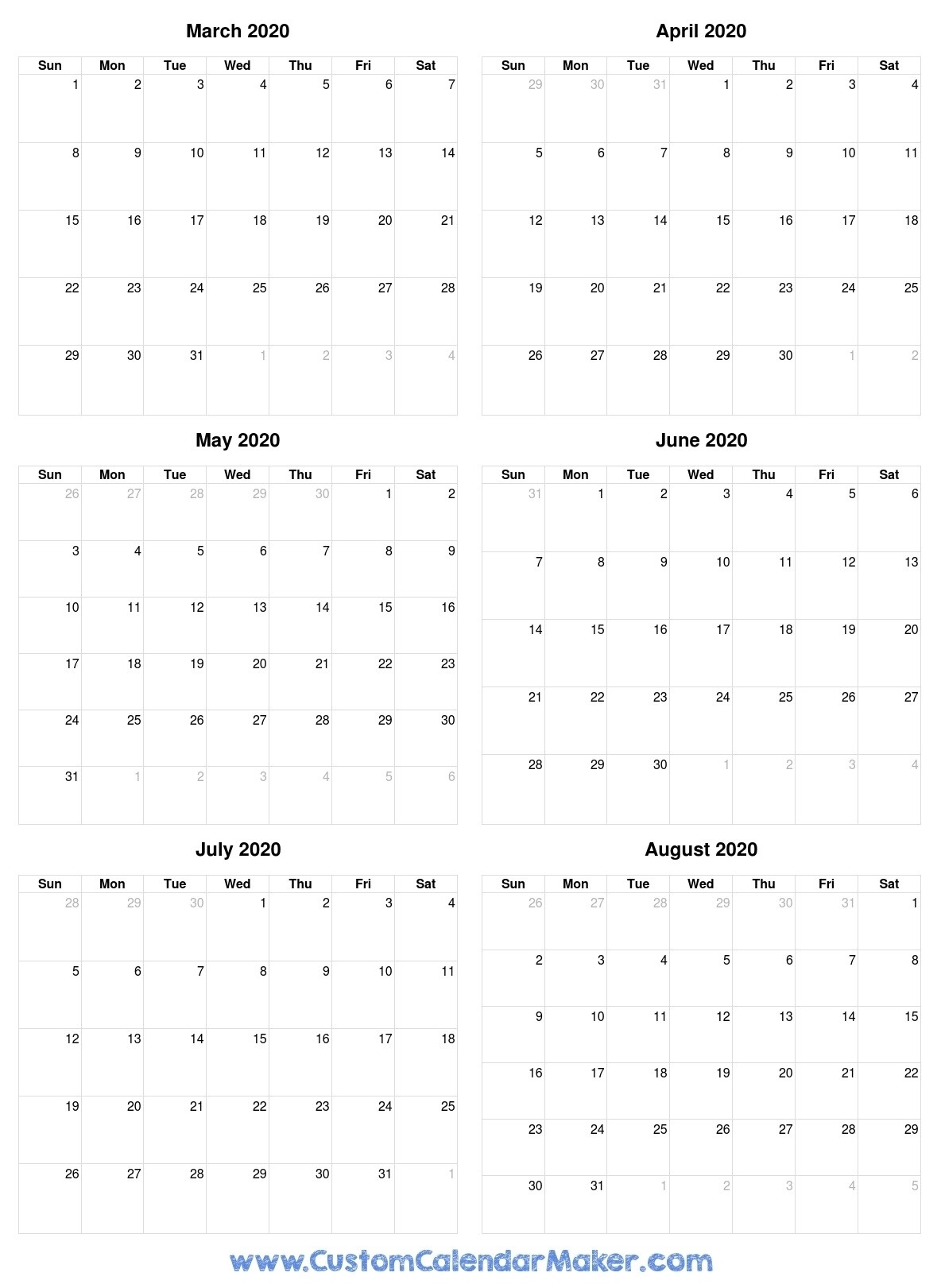 Free Printable Calendars, Blank Pdf Templates To Print A-4-4 Month Calendar 2020 Template
