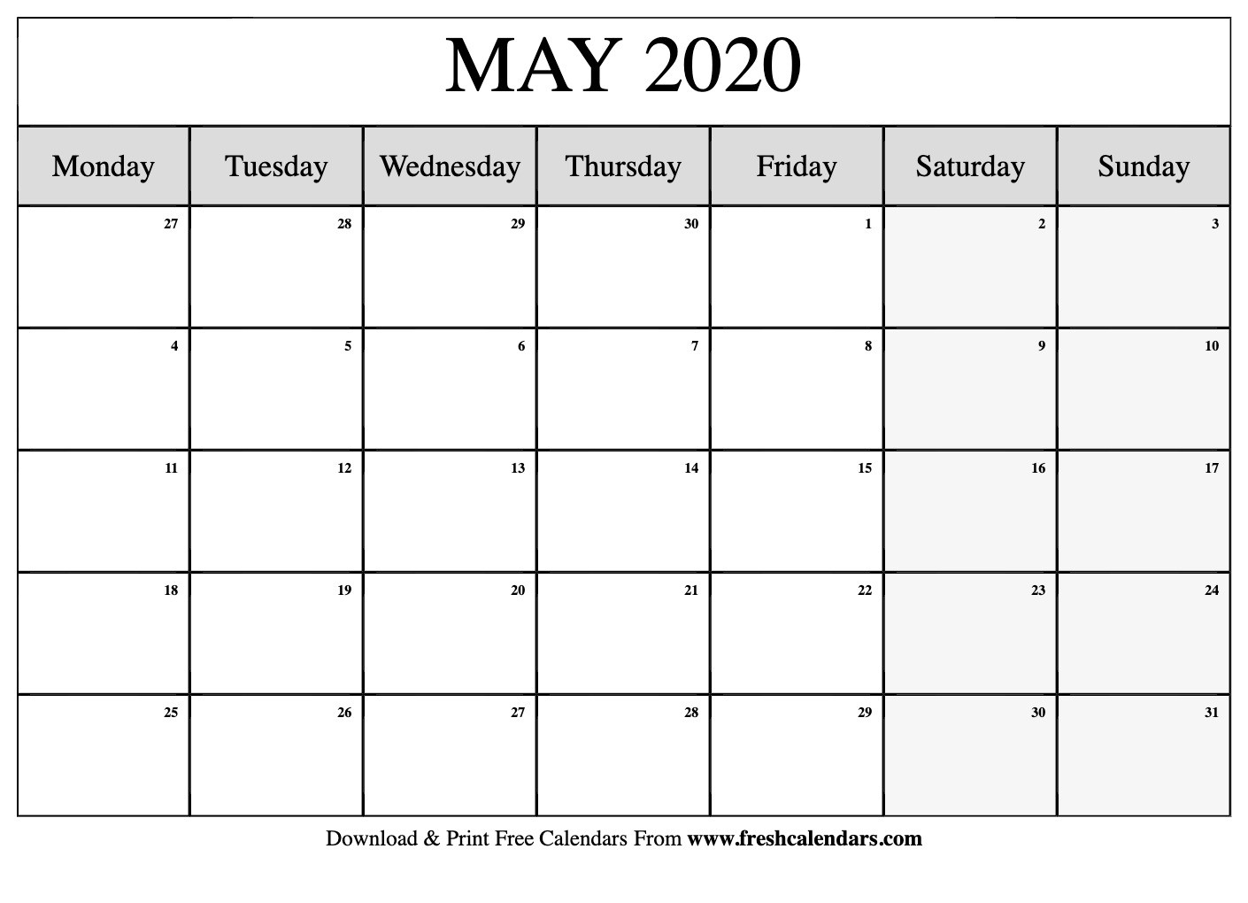 Free Printable May 2020 Calendar-Blank Monthly Planner Starts On Monday