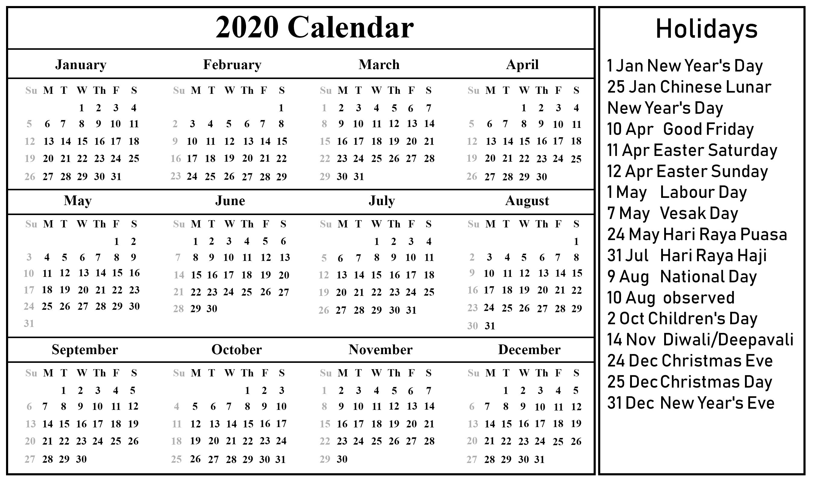 Free Printable Singapore Calendar 2020 {Pdf, Excel &amp; Word-Excel List Of Holidays 2020