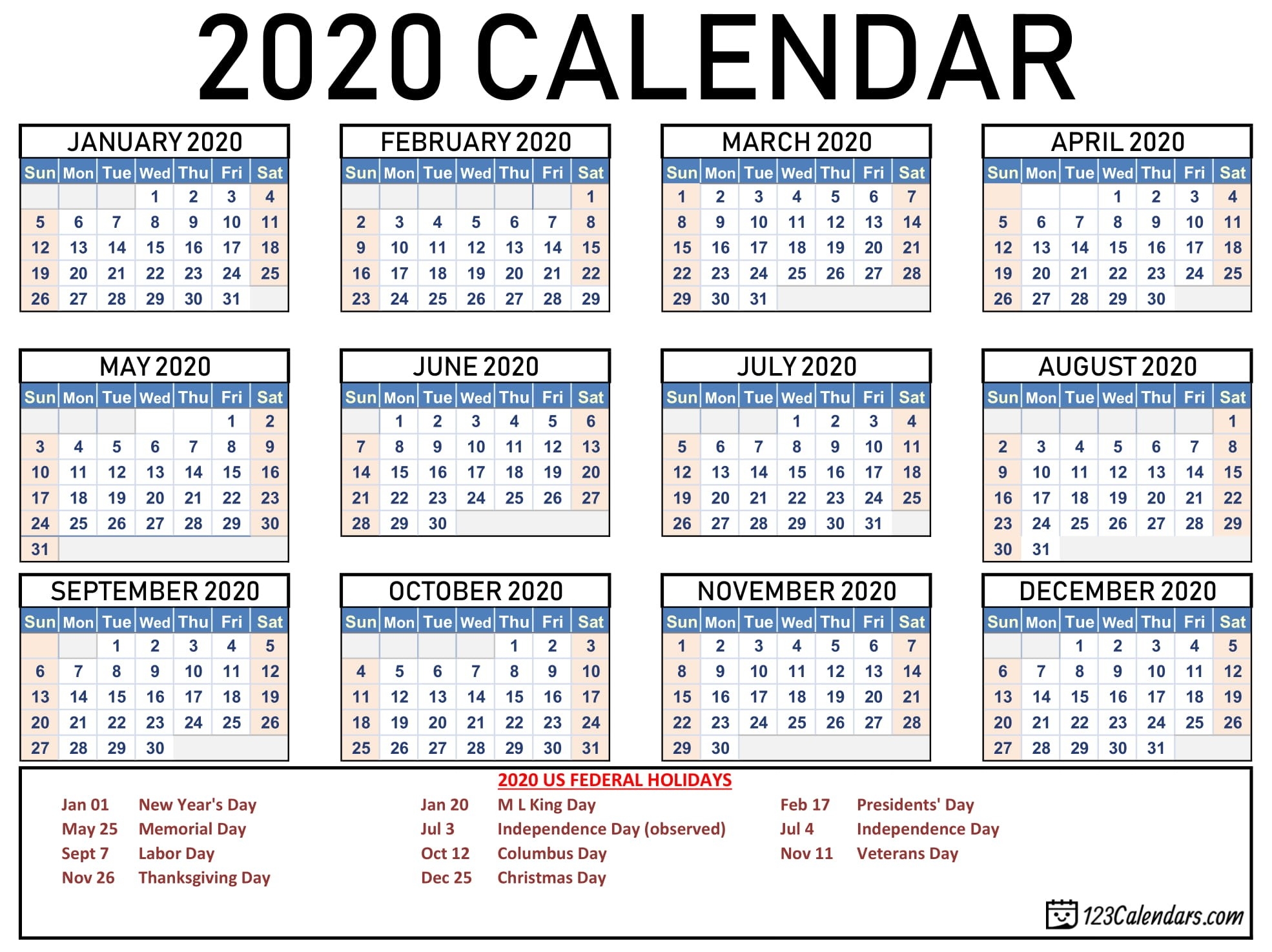 Free Printable Year 2020 Calendar | 123Calendars-2020 Calendar With Holidays Listed