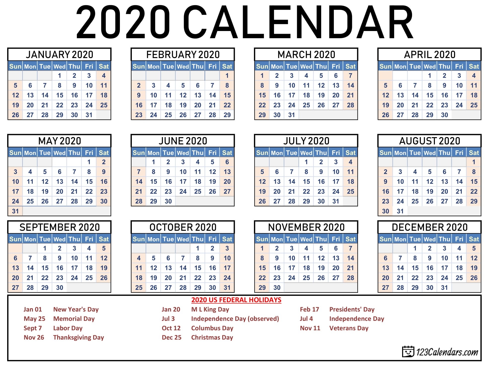 Free Printable Year 2020 Calendar | 123Calendars-2020 Calendar With Usa Legal Holidays