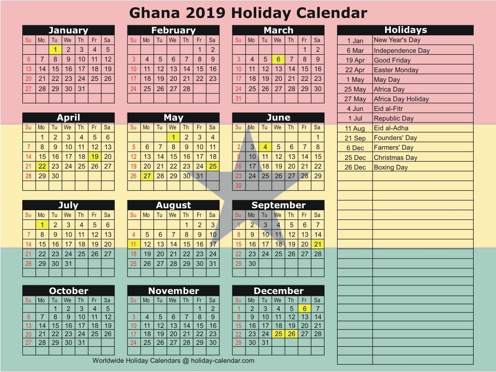 Remarkable Ghanaian Calendar With Holidays 2020 Printable Blank