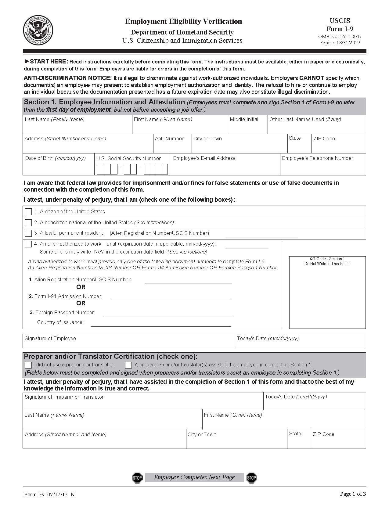 Irs I 9 Form Printable - Printable Forms Free Online