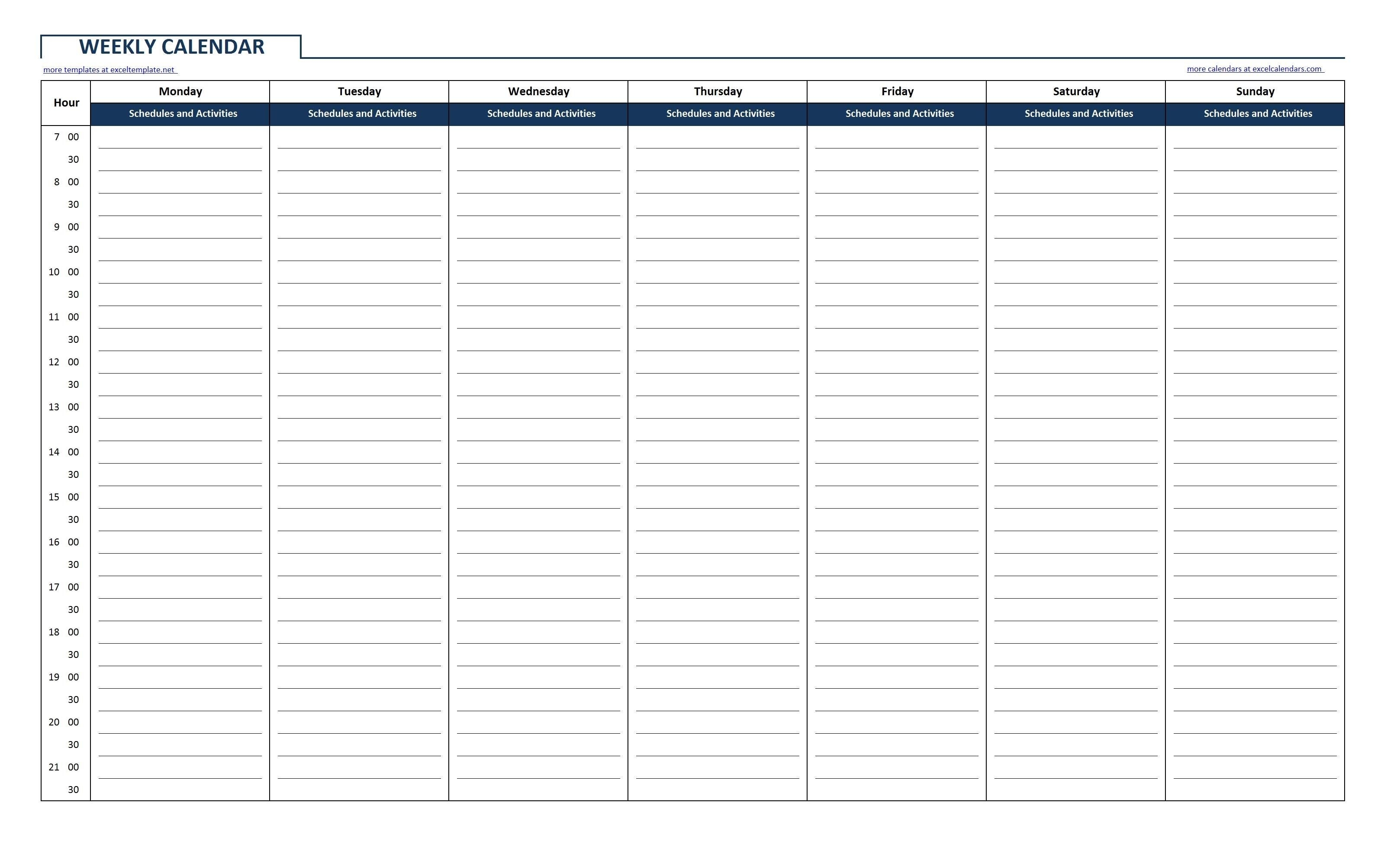 blank time slot week schedules calendar template printable