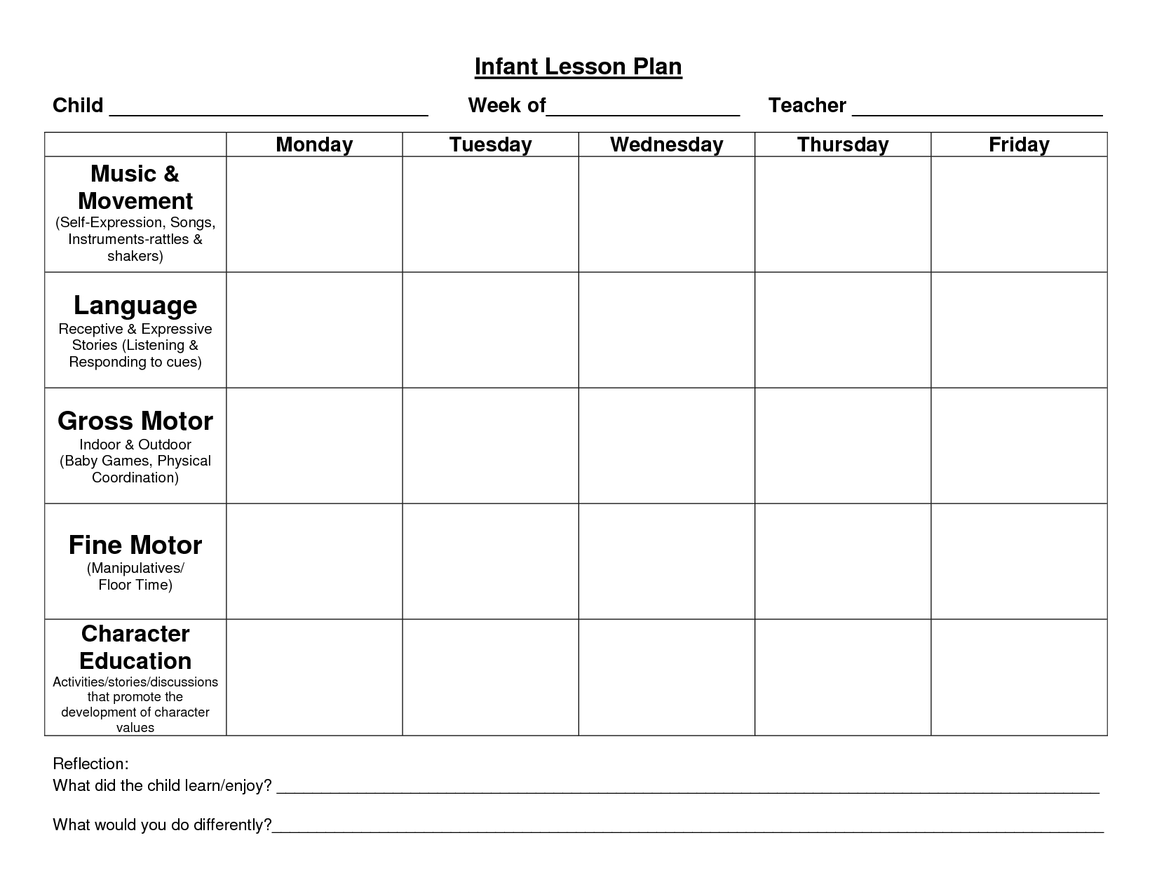 Infant Blank Lesson Plan Sheets | Provider Sample Lesson-Weekly Lesson Plan Calendar Template