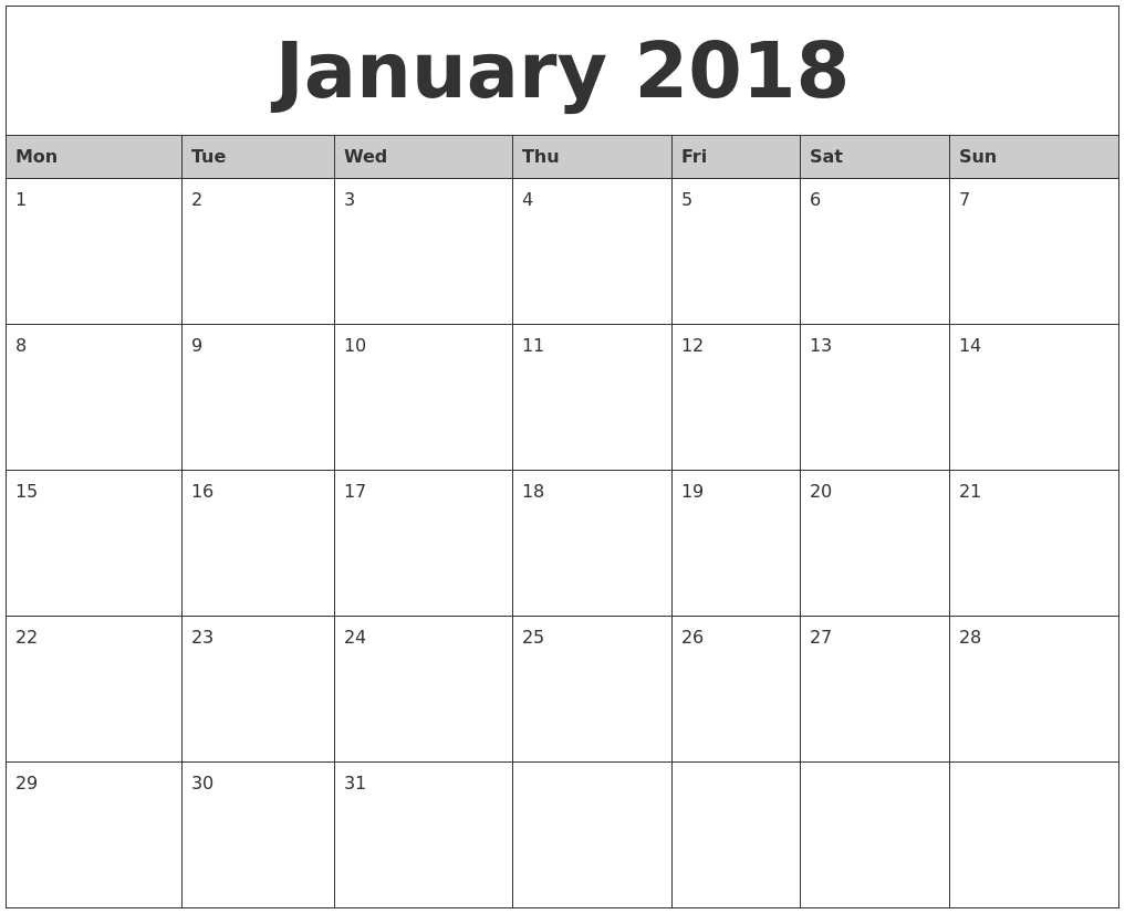 January-2018-Monthly-Calendar-Printable-Monday-Start - Eco-Monthly Calendar Start Monday