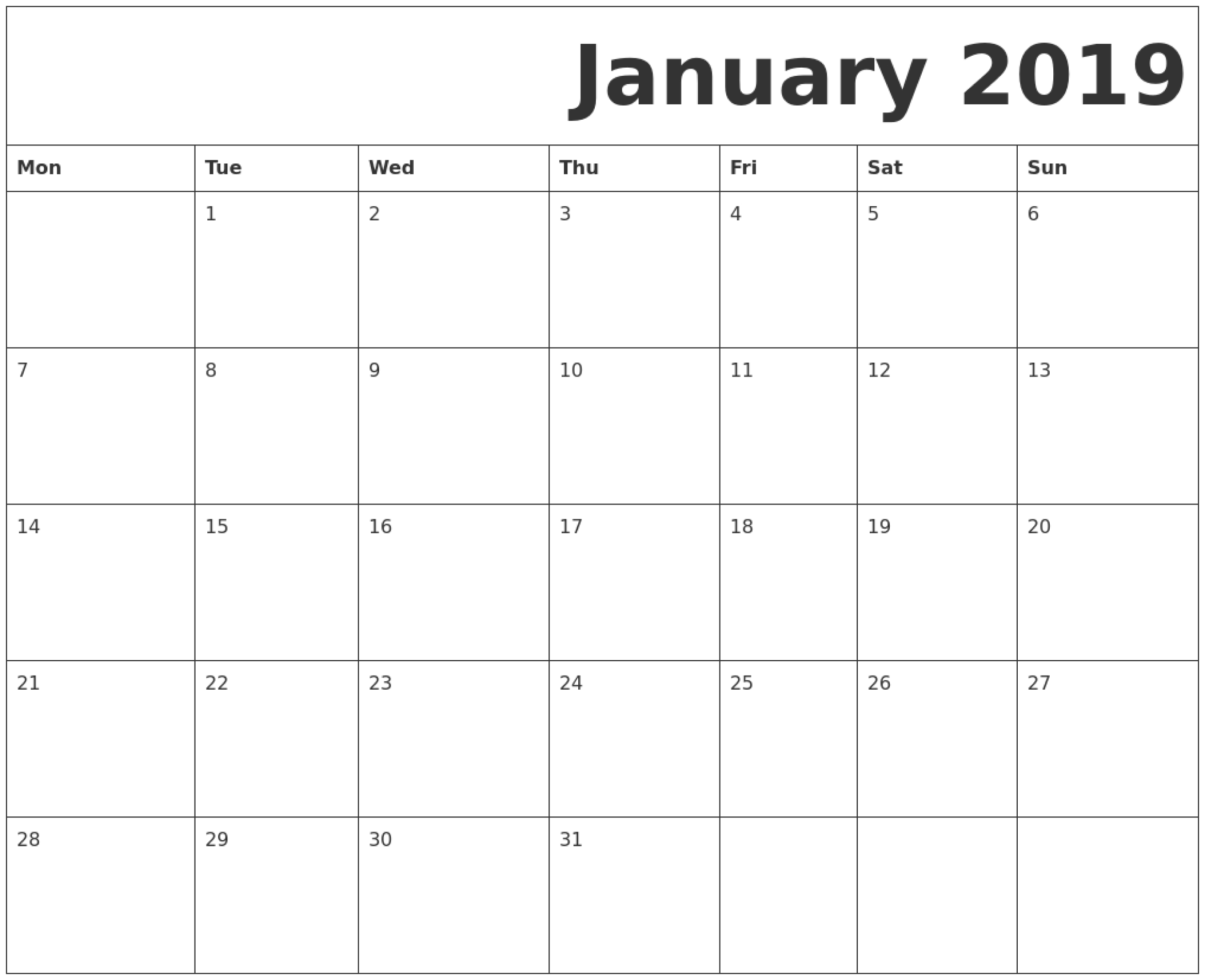 January 2019 Printable Calendar Monday Start. | Printable-Blank Monthly Calendar Monday Start