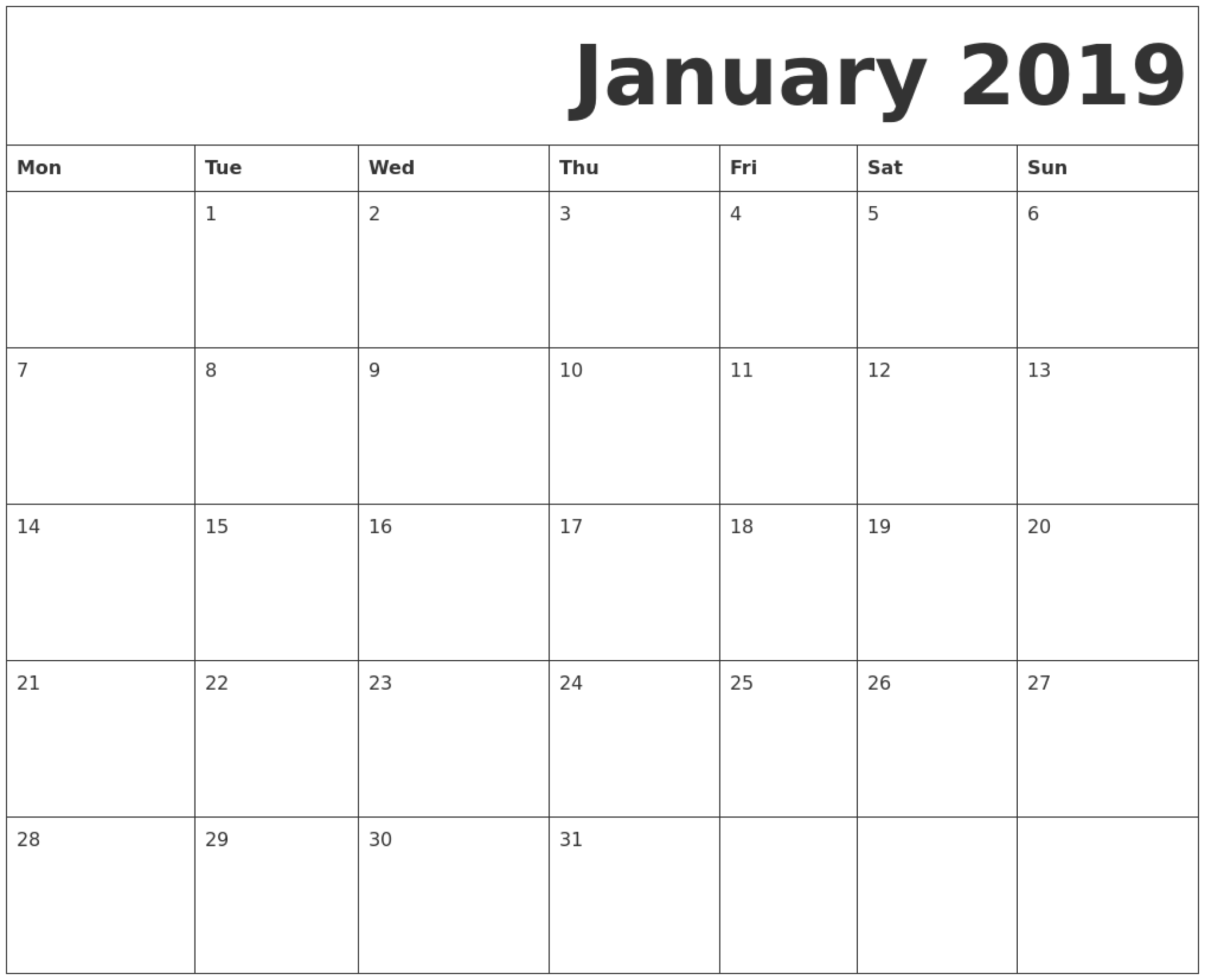 January 2019 Printable Calendar Monday Start. | Printable-Monday Start Calendar Template