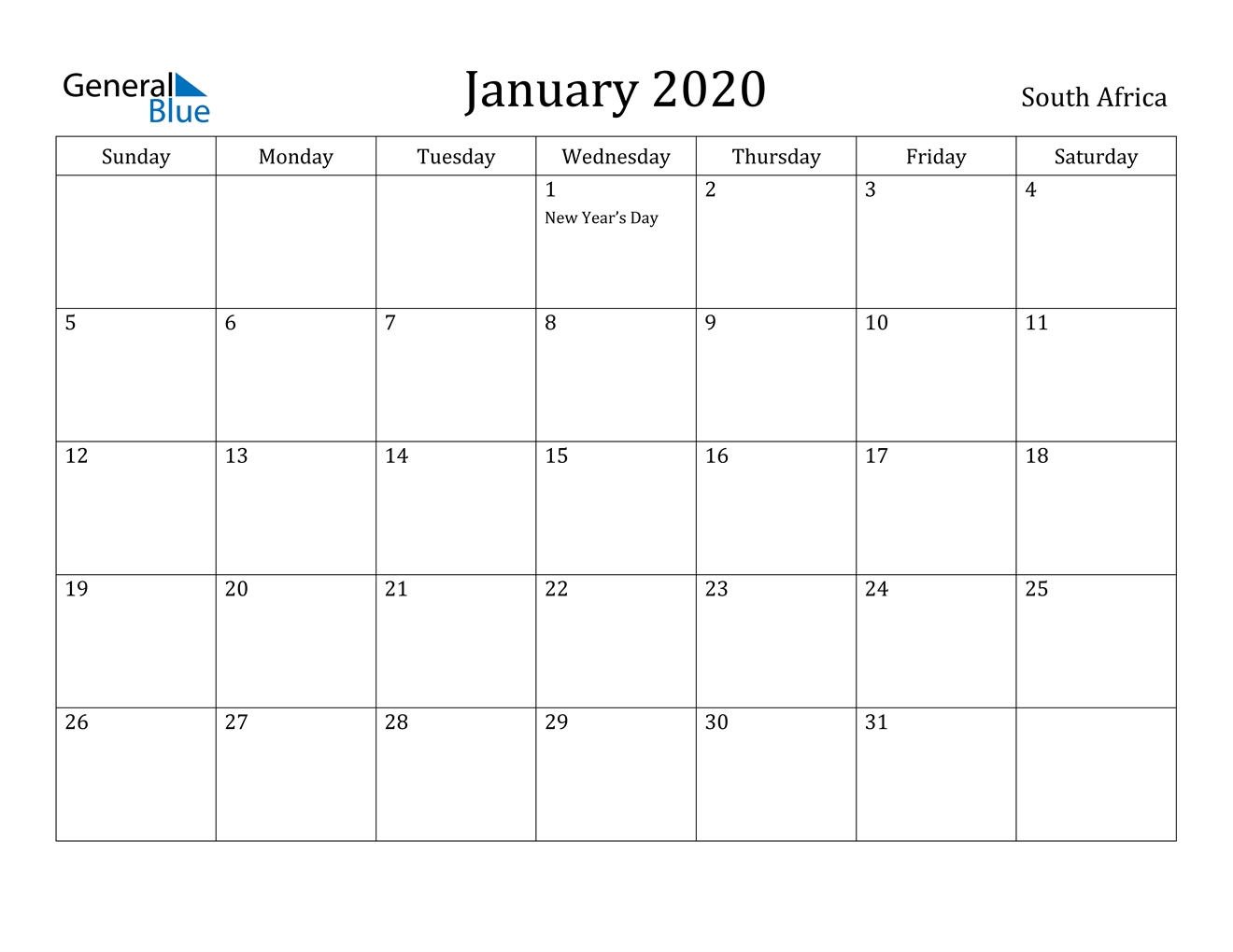 January 2020 Calendar - South Africa-South Africa Holidays 2020