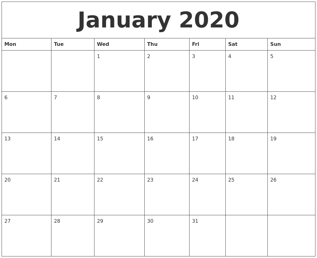 January 2020 Monthly Calendar To Print-Monthly Calendar Start Monday