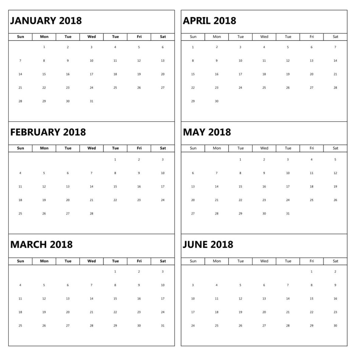 January To June 6 Months Calendar 2018 | Marketing Calendar-Blank Six Month Calendar Printable