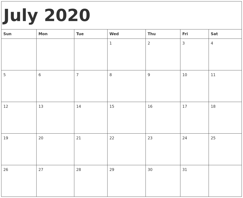 July 2020 Calendar Template-Blank Calander Print Out Starting Monday