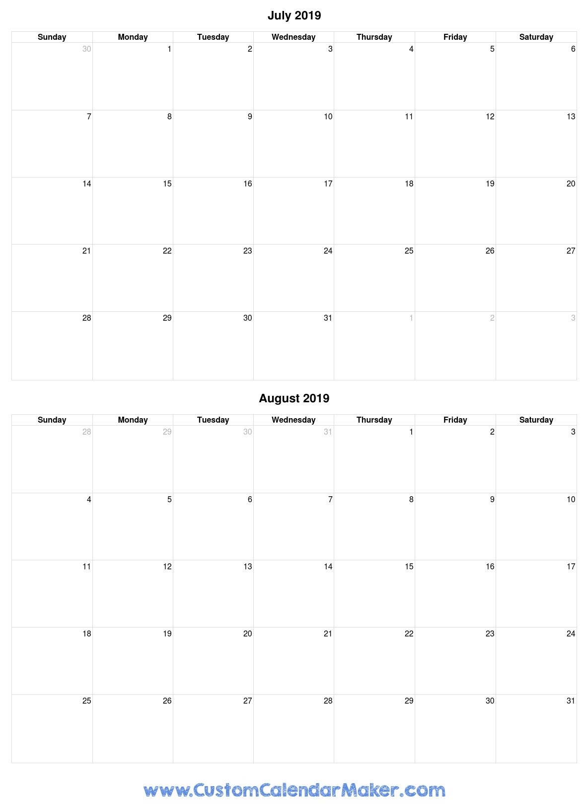 July And August 2019 Free Printable Calendar Template-Blamk Calendar Template July/august