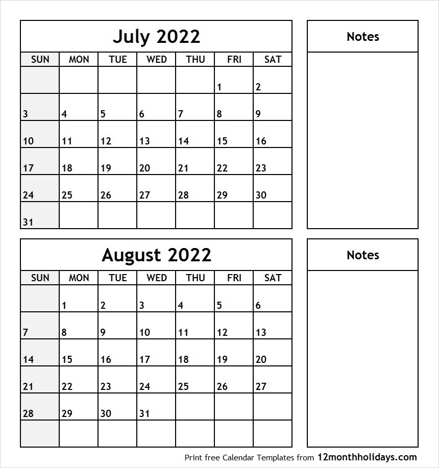 July August Calendar 2020 Monthly