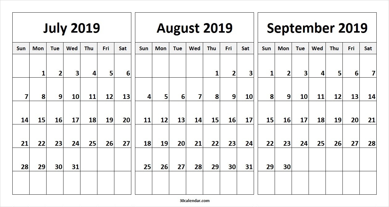 July August September 2019 Calendar | July Month Calendar-Blamk Calendar Template July/august