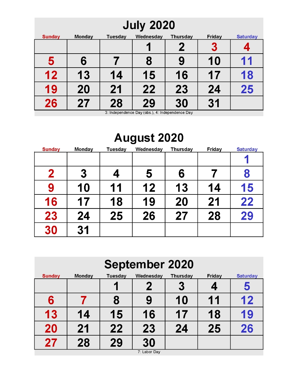 July August September 2020 Calendar 3 Months Per Page-Calendar Templates 3Months Per Page