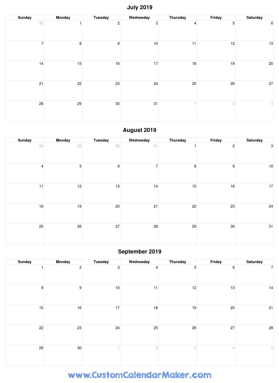 July To September 2019 Calendar - Free Printable Template-June July August Templates