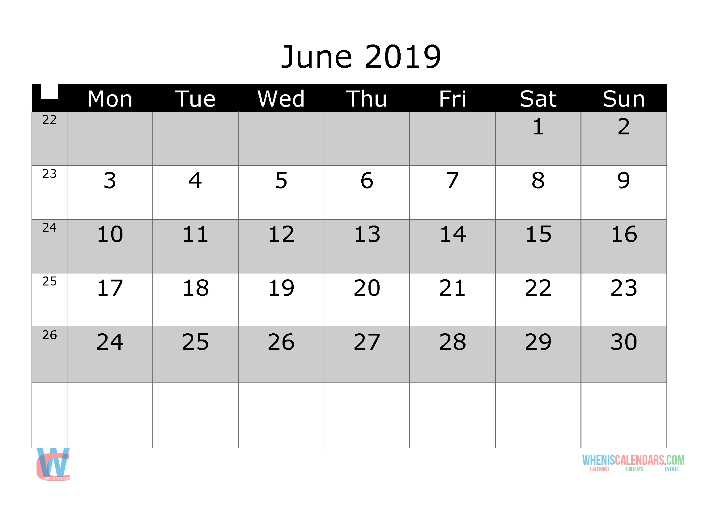 June 2019 Printable Monthly Calendar With Week Numbers-Monthly Calendar Start Monday