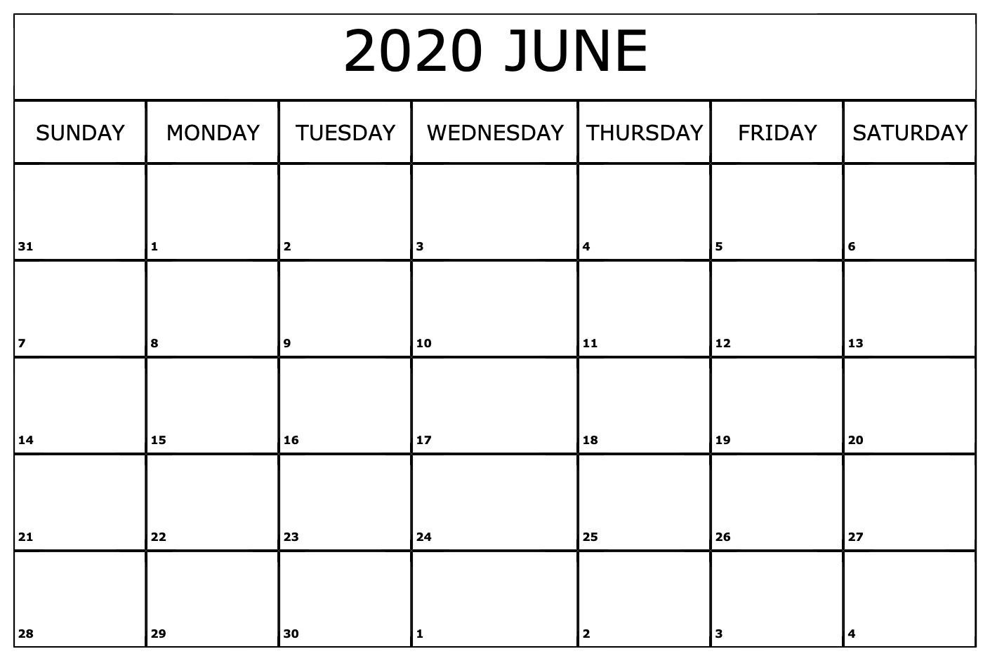 June 2020 Calendar Printable-Monthly June 2020 Calendar