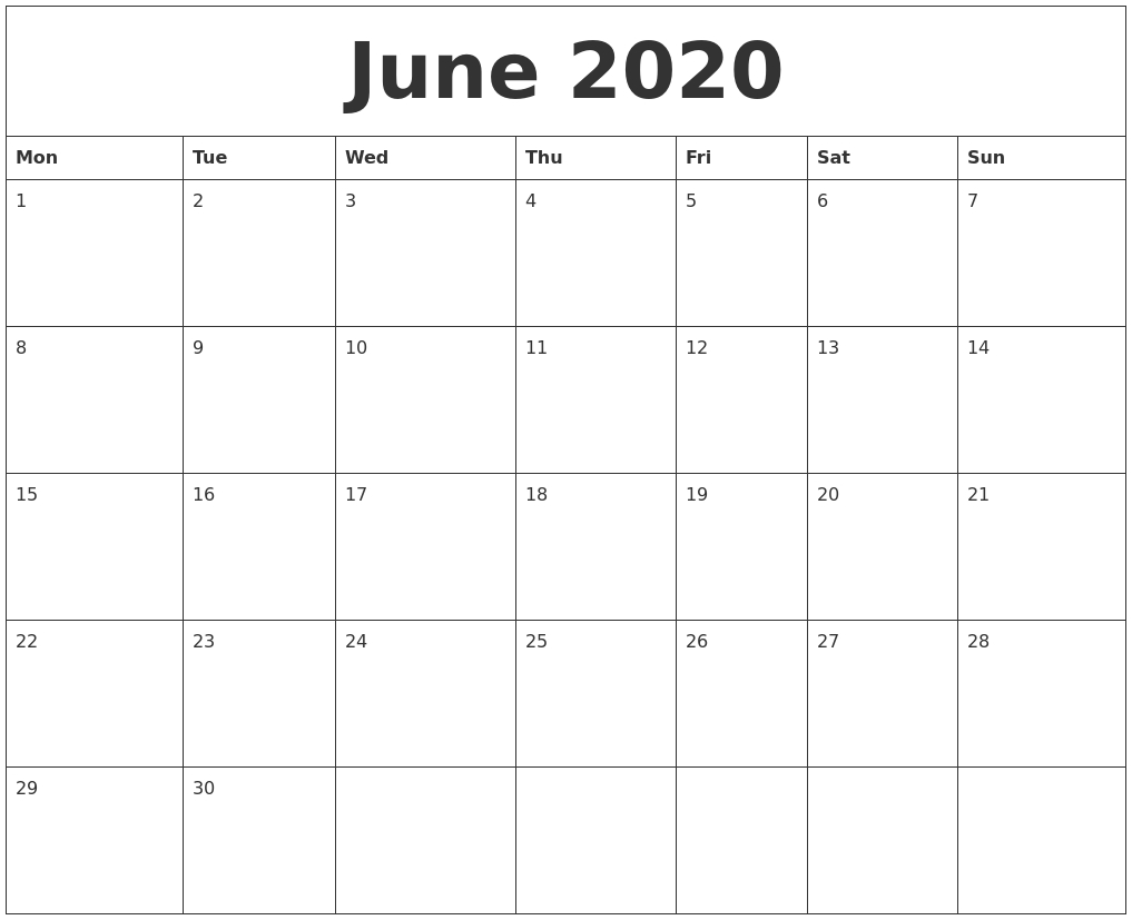 June 2020 Monthly Calendar To Print-Monthly Calender Starting With Monday