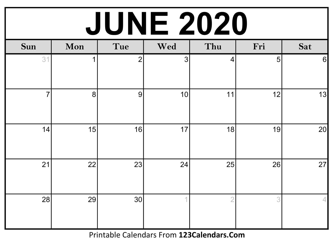 June 2020 Printable Calendar | 123Calendars-June July 2020 Monthly