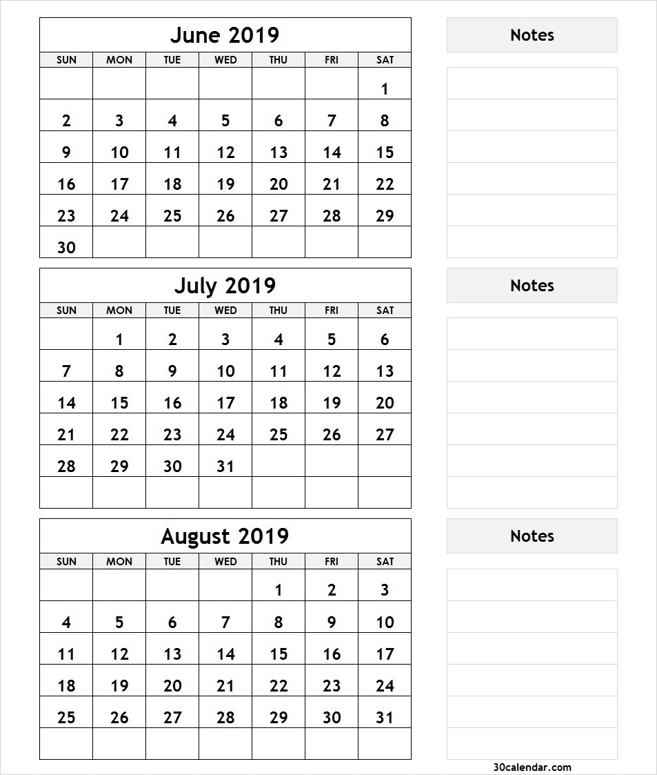 June July August 2019 Calendar | 3 Month Calendar Template-July To August Monthly Calendar