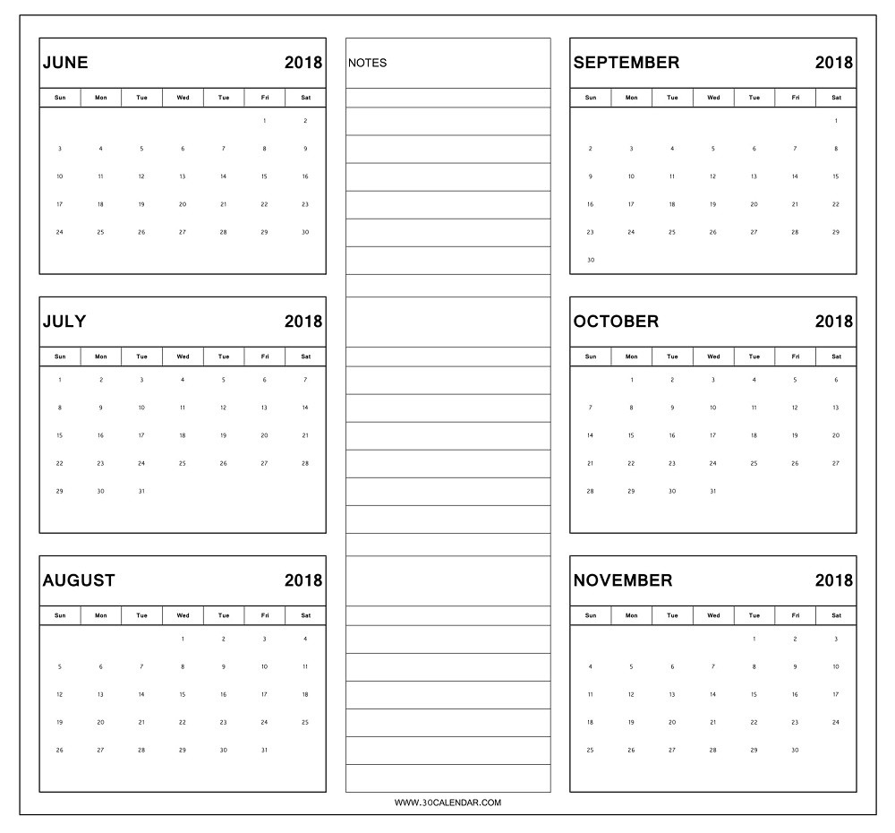 June To November 2018 Calendar Printable | 6 Month Calendar 2018-Blank Six Month Calendar Printable