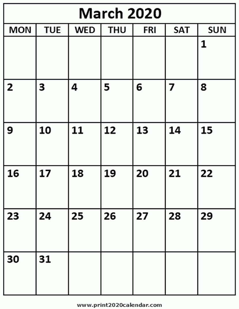 March 2020 Printable Calendar-Monthly Calendar Printable 2020 Portrait Monday Start