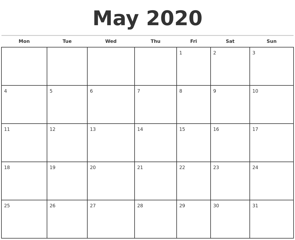 May 2020 Monthly Calendar Template-Monday Start Calendar Template