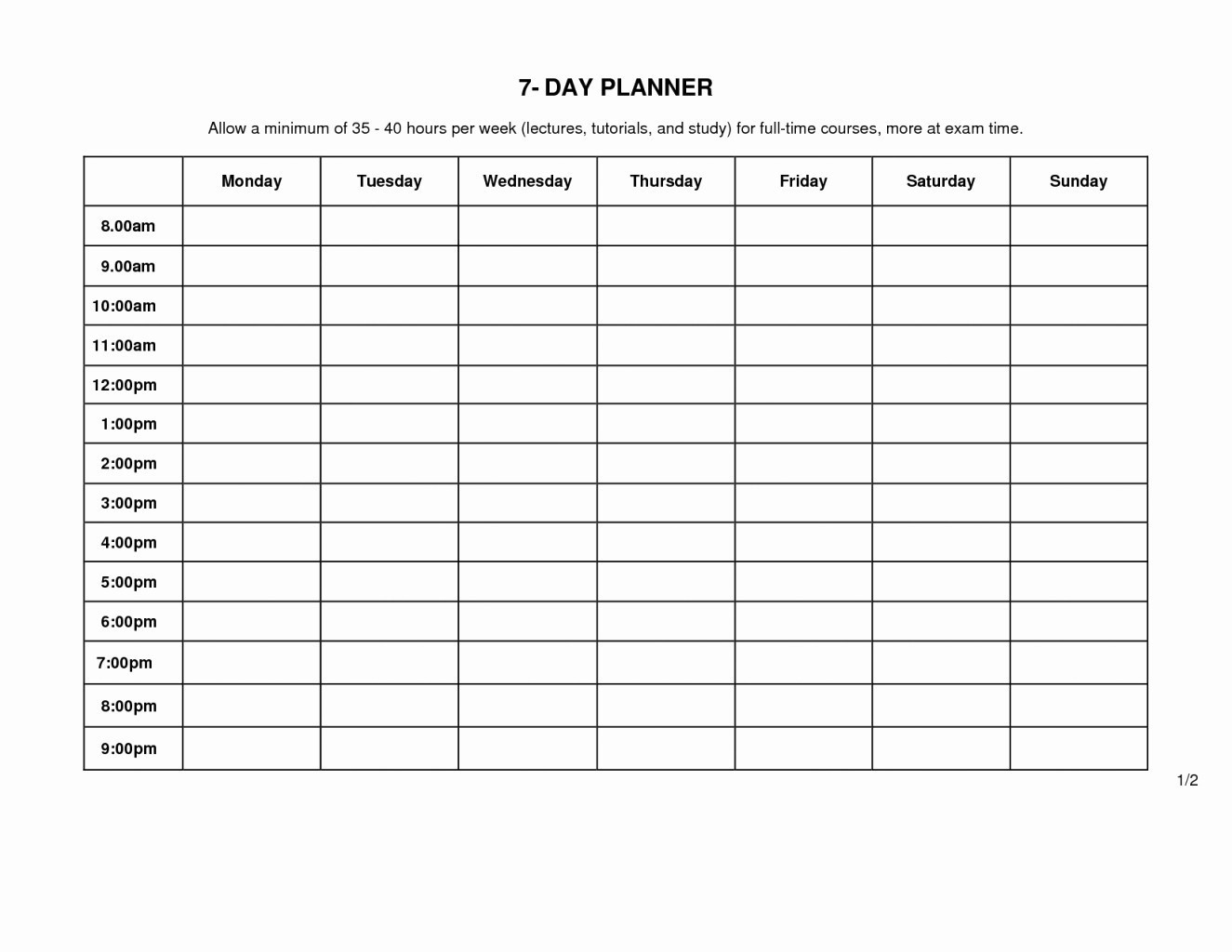 Monday Friday Timetable Template