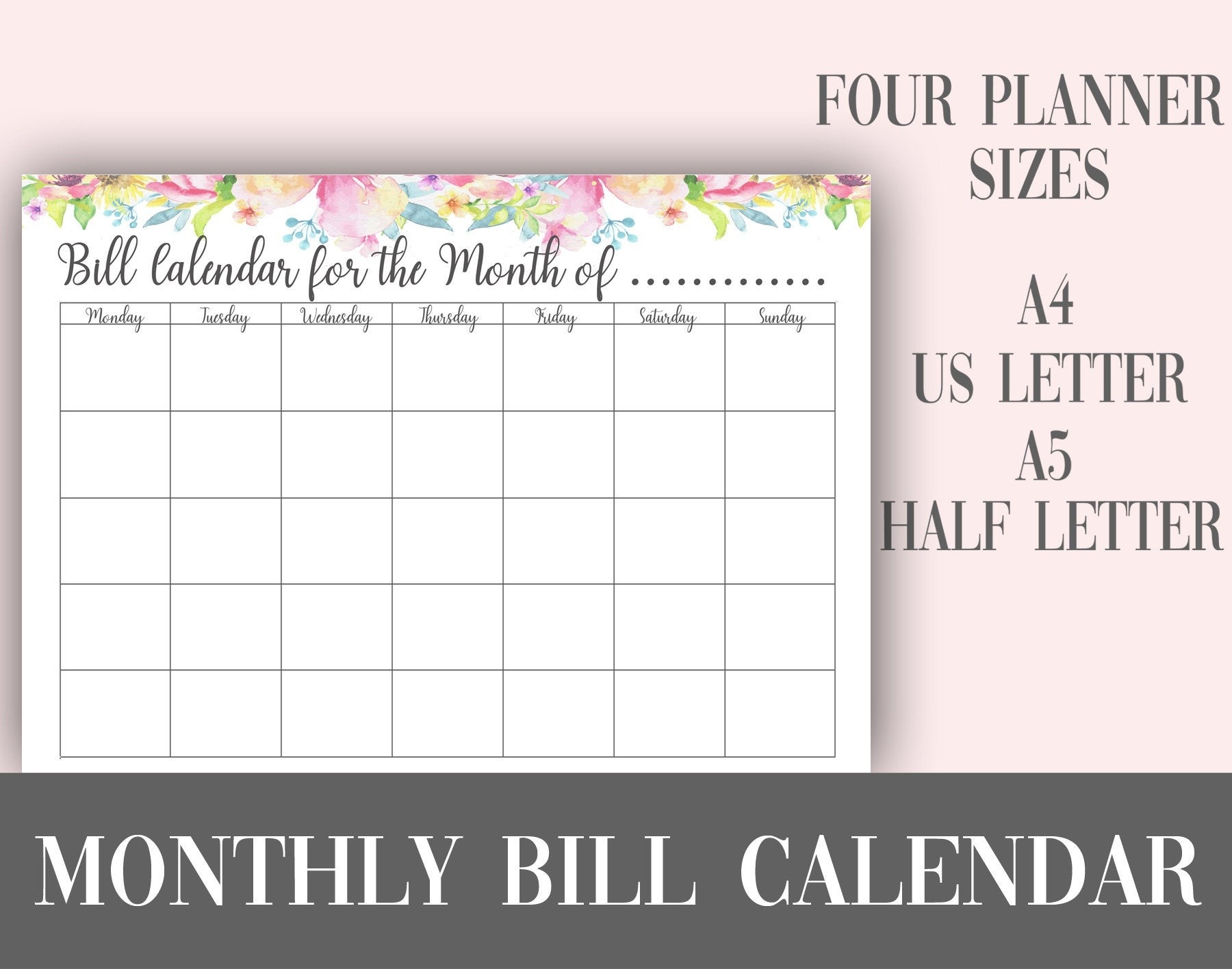 Monthly Bill Calendar Planner Page Printable | A4 Us Letter A5 Half Size |  Planner Insert | Instant Download | Planner Printable-Monthly Bill Calendar Printable