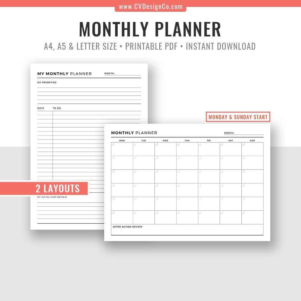 Monthly Planner 2020, Monthly Calendar, Printable Planner, Planner Inserts,  Planner Pages, Planner Pages, Best Planner, Refills, Filofax A5, A4,-2020 2 Page Monthly Calendar Printable Pdf