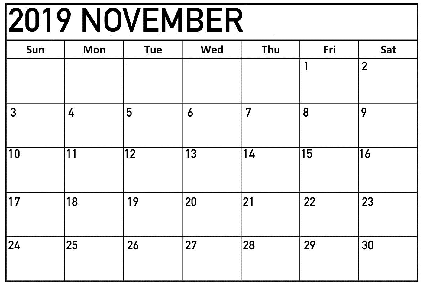 November 2019 Printable Calendar One Page Template - Latest-Printable Monthly Calander Sheets