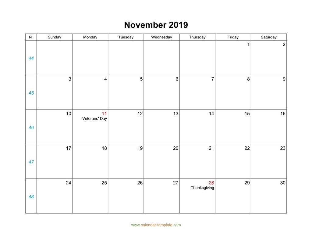 November Calendar 2019 Blank Template-Blank Calendar Template Starting With Monday