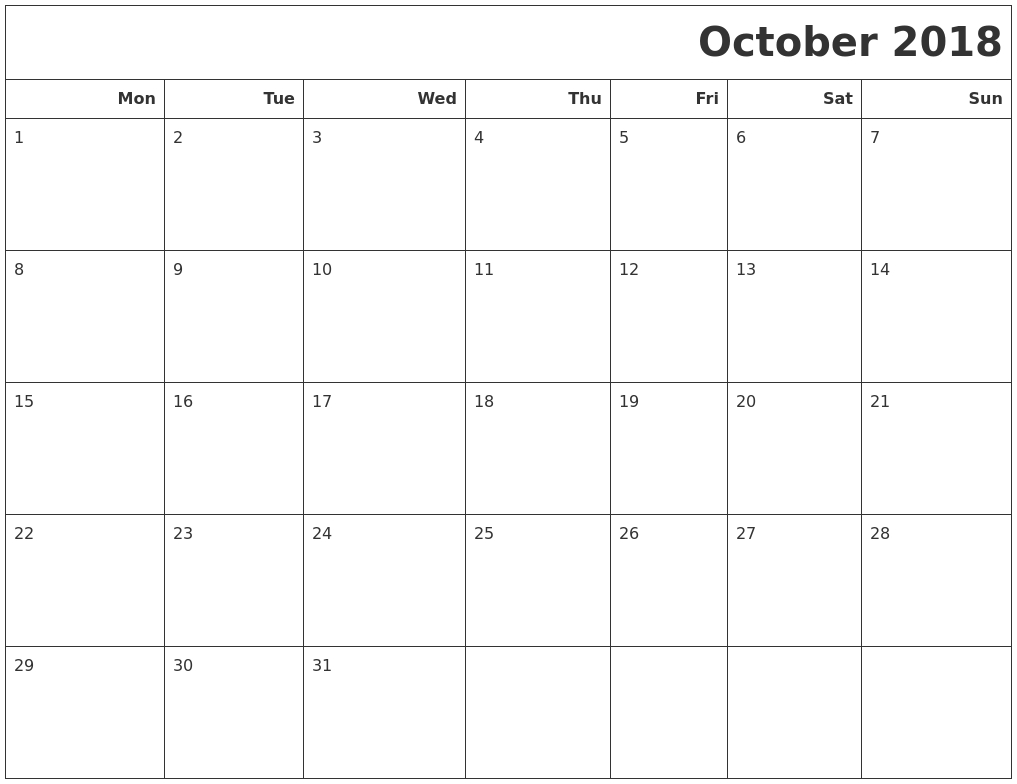 October 2018 Calendar Printable Monday Start | November-Blank Calendar Template Starting With Monday