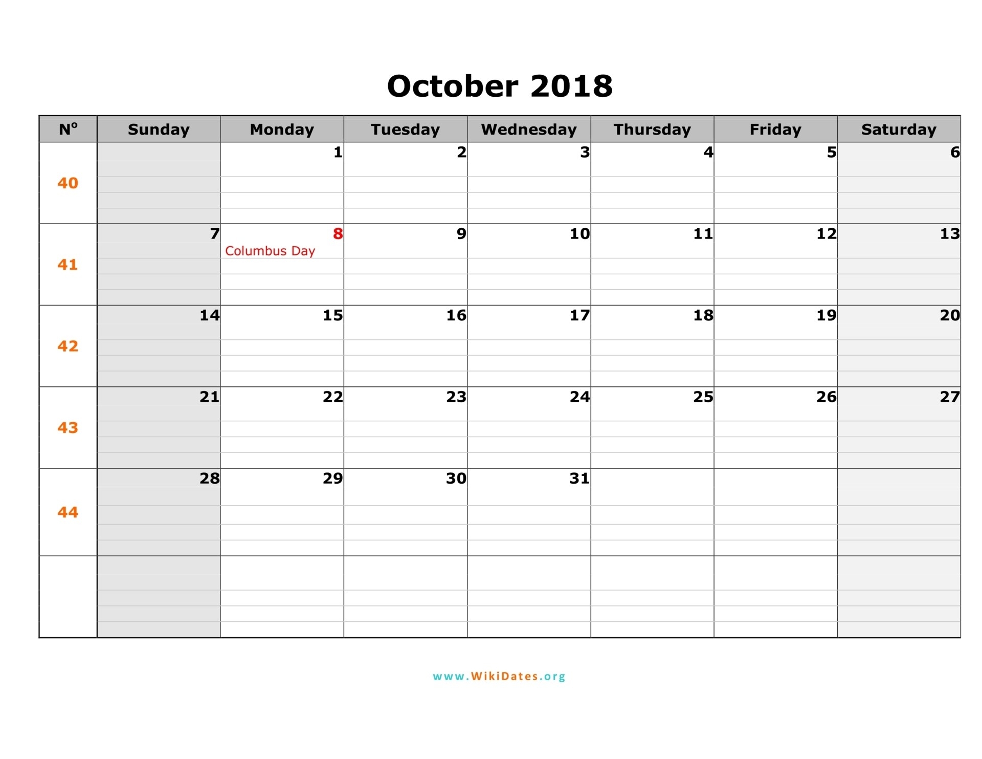October 2018 Calendar | Wikidates-Blank Calendar Template Starting With Monday