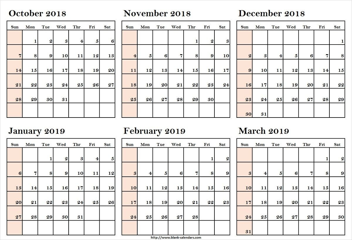 October 2018 To March 2019 Calendar Printableoctober 2018 To-Blank 6-Month Calendar Template