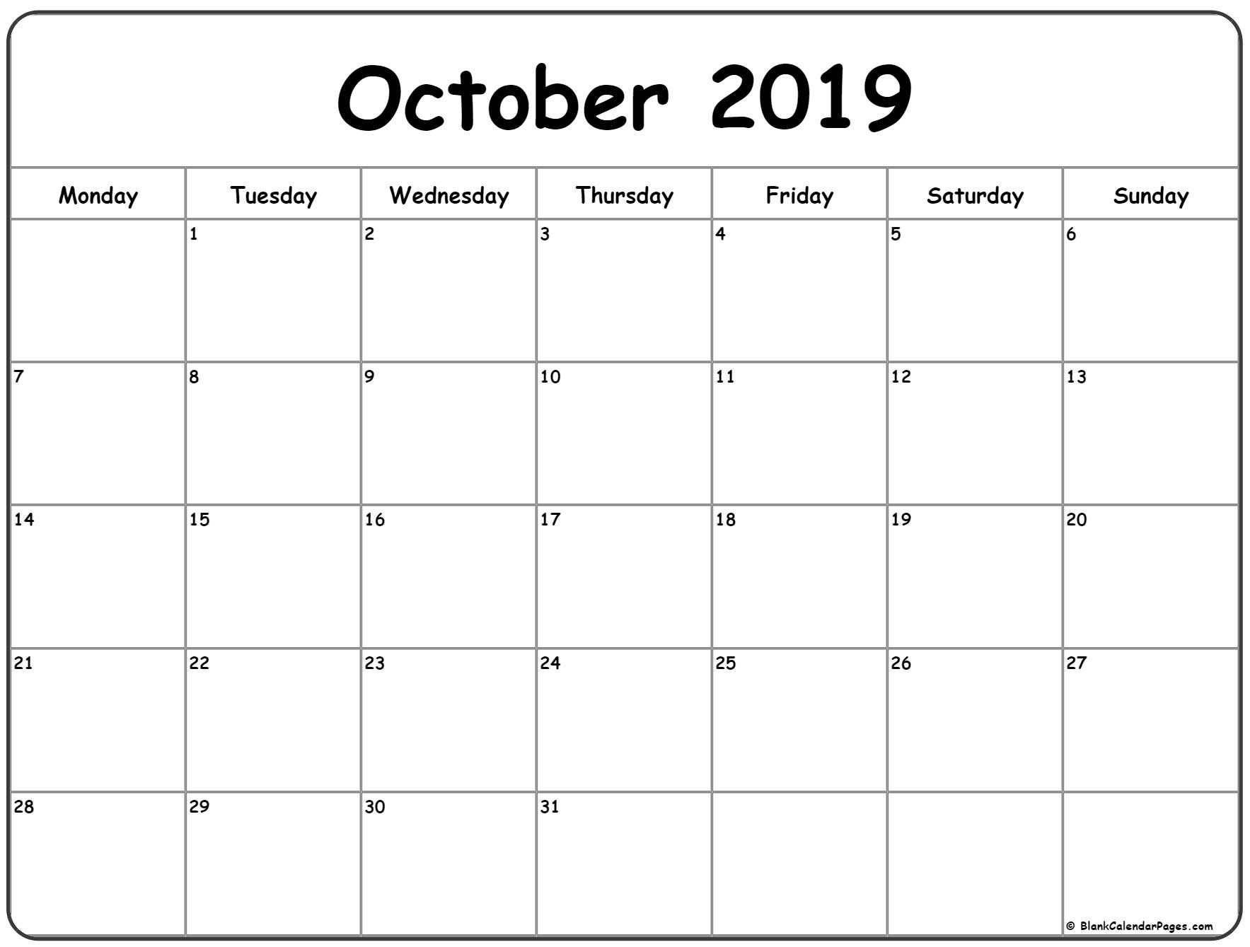 October 2019 Monday Calendar | Monday To Sunday-Blank Monthly Planner Starts On Monday