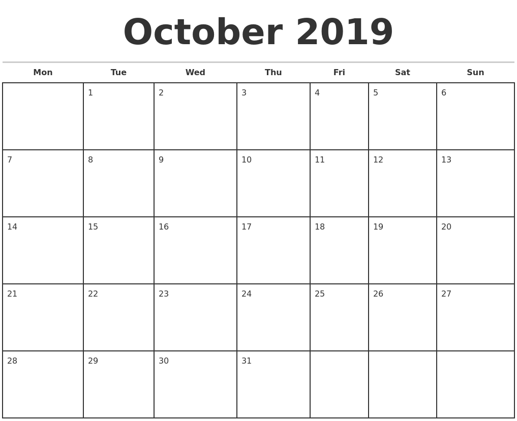 October 2019 Monthly Calendar Template-Printable Monthly Calander Sheets