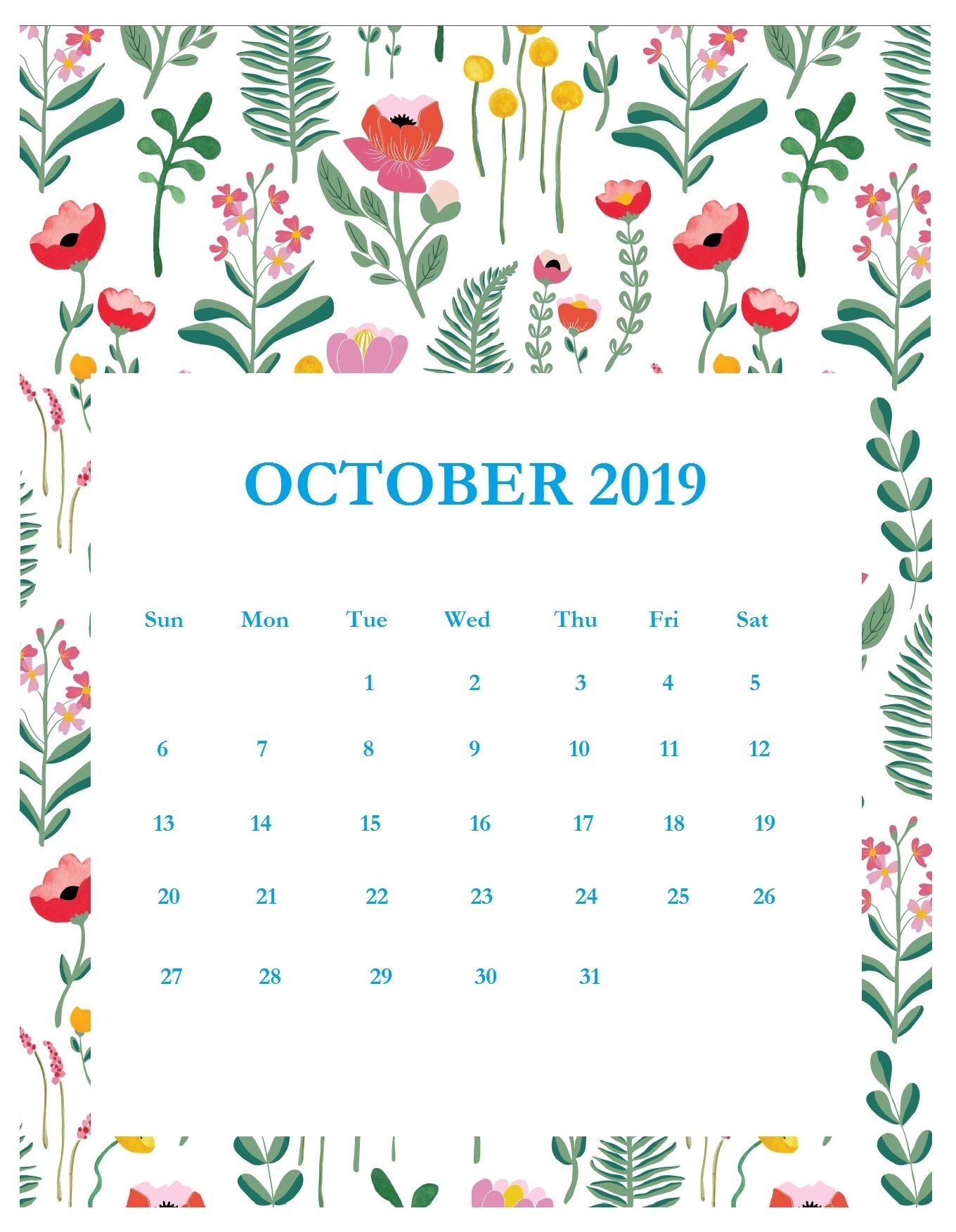 Print Beautiful October 2019 Calendar Template-Template For Calendars With Flowers