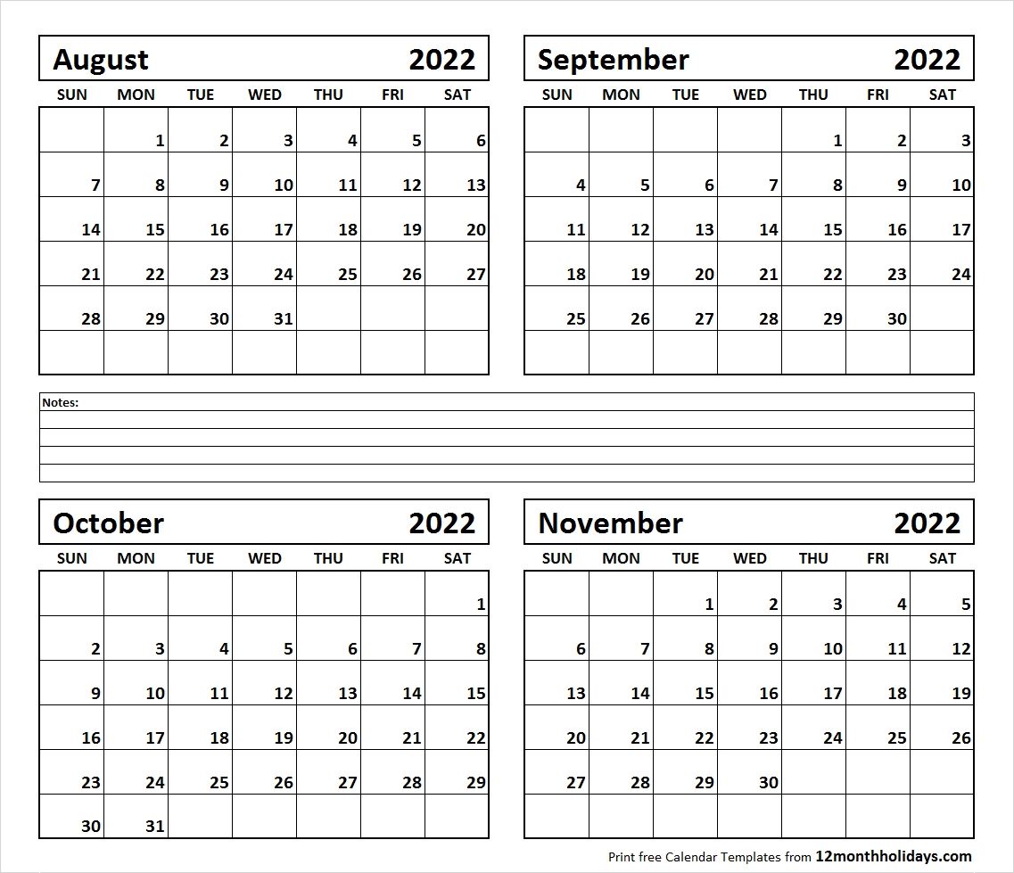 Print Four Month August September October November 2022 Calendar-4 Month Calendar Template