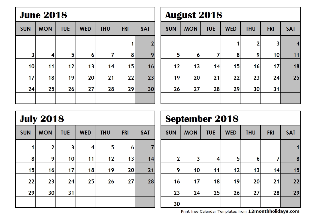 Print June To September 2018 Calendar Template | 4 Month-4 Month Calendar Template