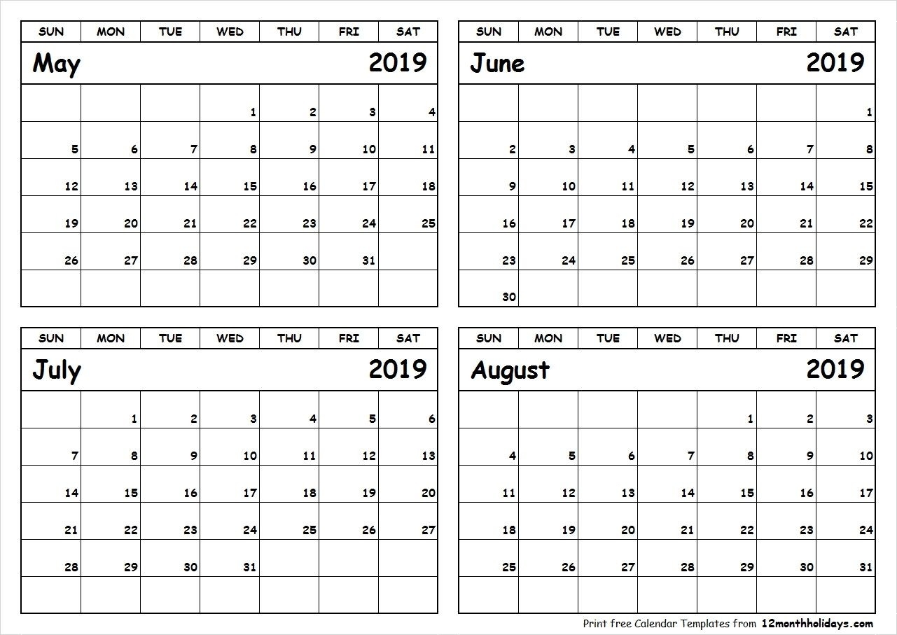 Print May To August 2019 Calendar Template | 4 Month-4 Month Calendar Template