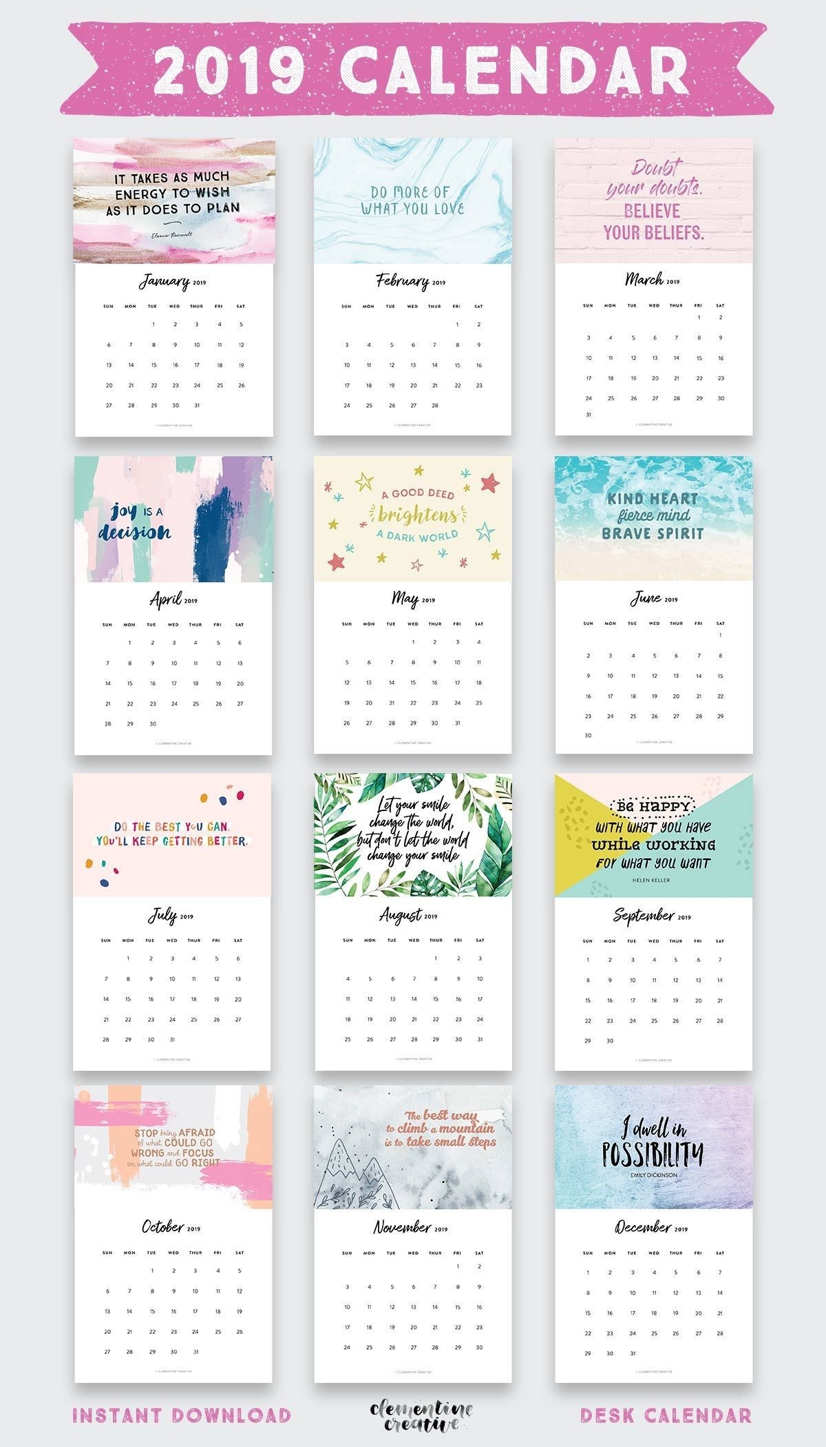 Printable 2020 Inspirational Quotes Calendar (+ Free Bonus-4X6 Monthly Printable Planner Calendar