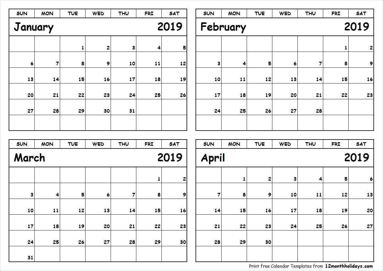 Printable Blank Four Month January February March April 2019-Blank 4 Month Calendar