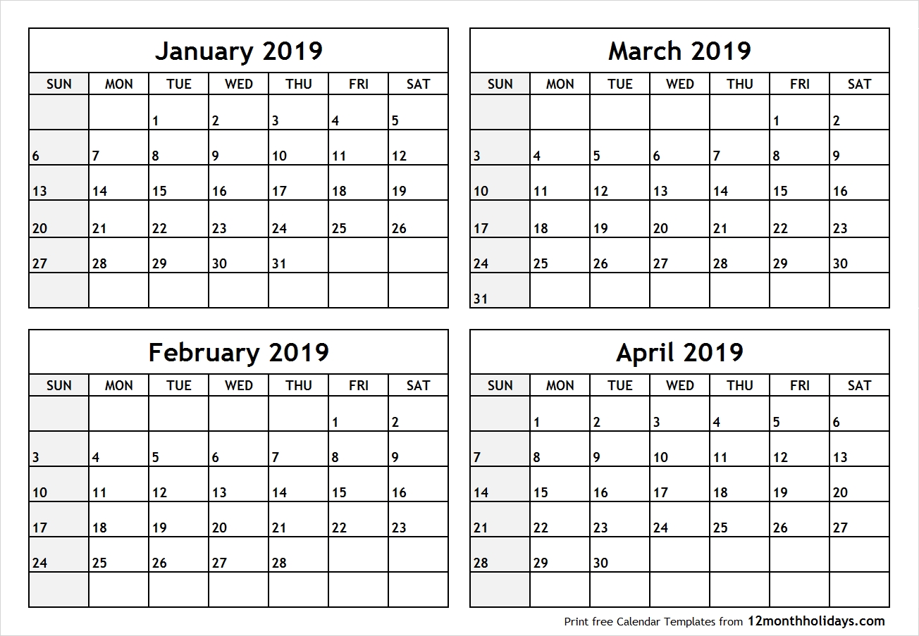 Printable Blank Four Month January February March April 2019-Printable Blank Four Month Calendar