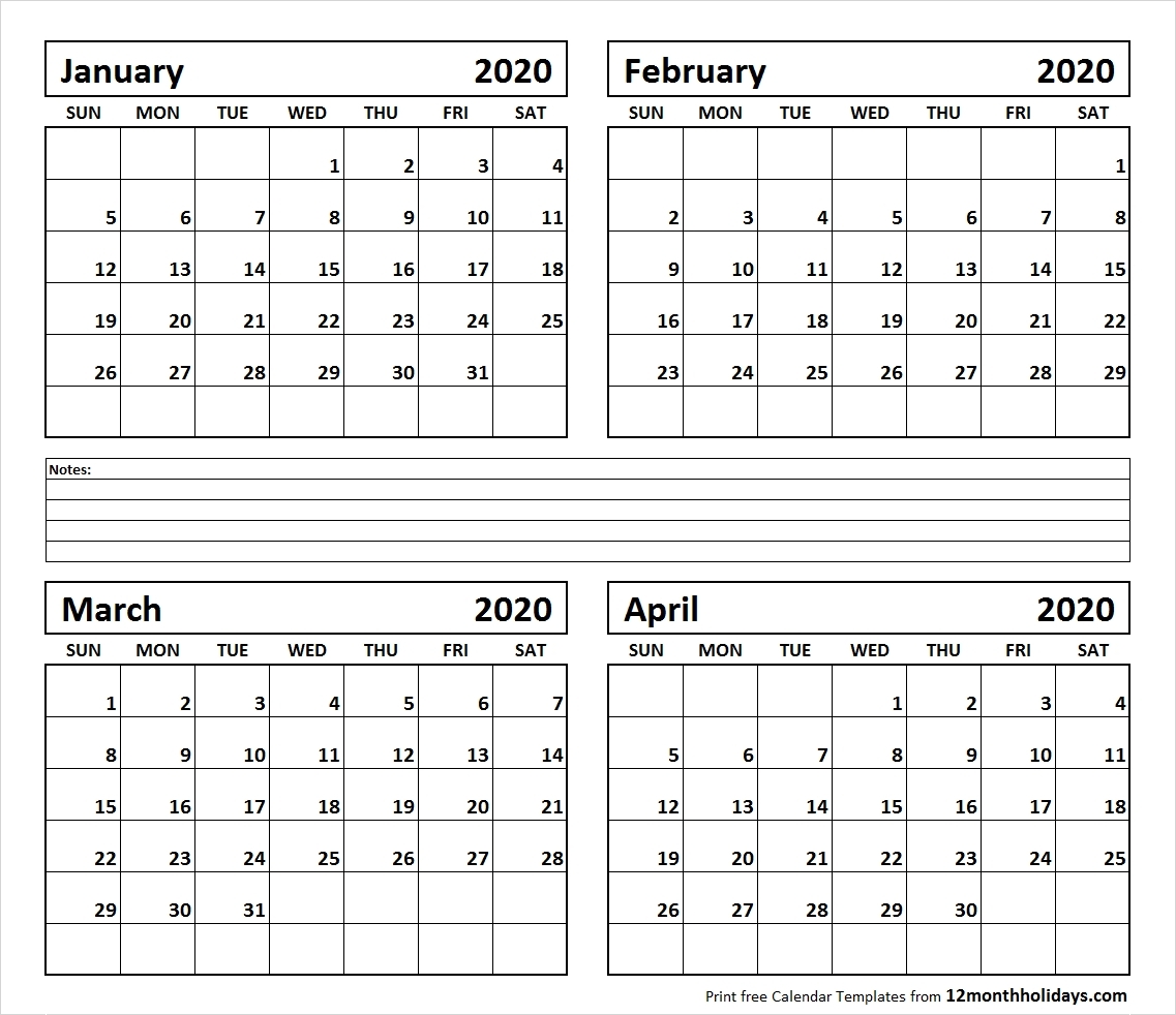 Printable Blank Four Month January February March April 2020-4 Month Calendar 2020 Template