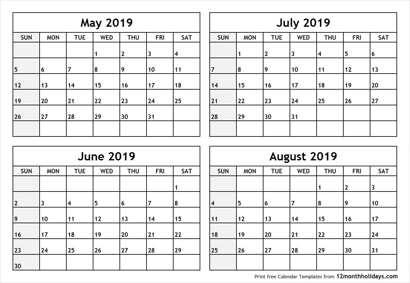 Printable Blank Four Month May June July August 2019-June July August Templates